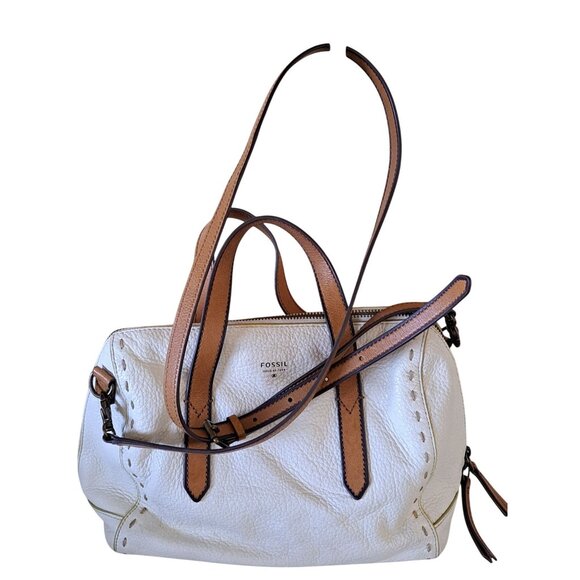 Fossil Leather Satchel Bag White & Tan With Double Handles Crossbody - Picture 1 of 13